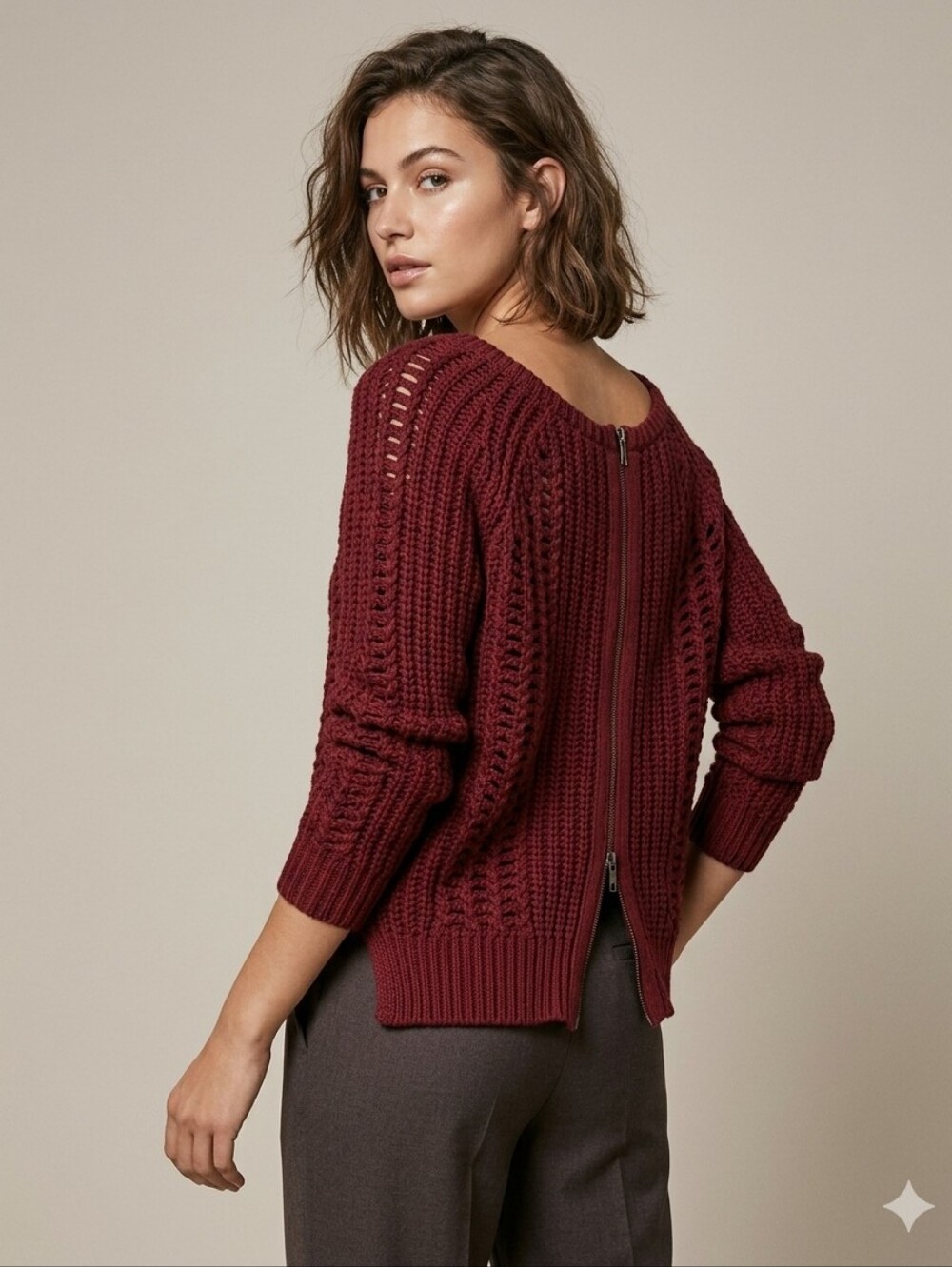 California Moonrise Dark Red Chunky Knit Sweater With Back Zip